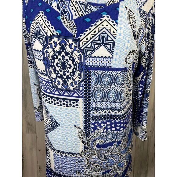 Chico’s Blue Paisley Tunic Top Size 1 M Boho Patchwork 3/4‎ Sleeve Travelers - Picture 3 of 9